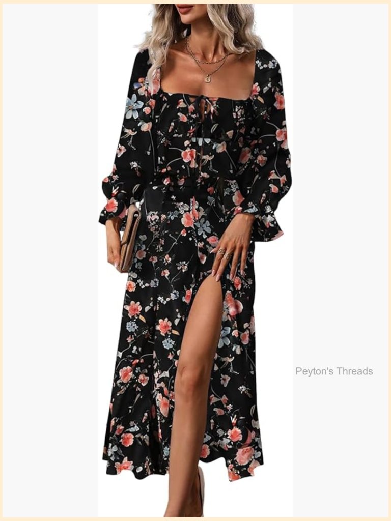 Womens Casual Square Neck Long Sleeve Boho Floral Midi Dress Side Split A-Line